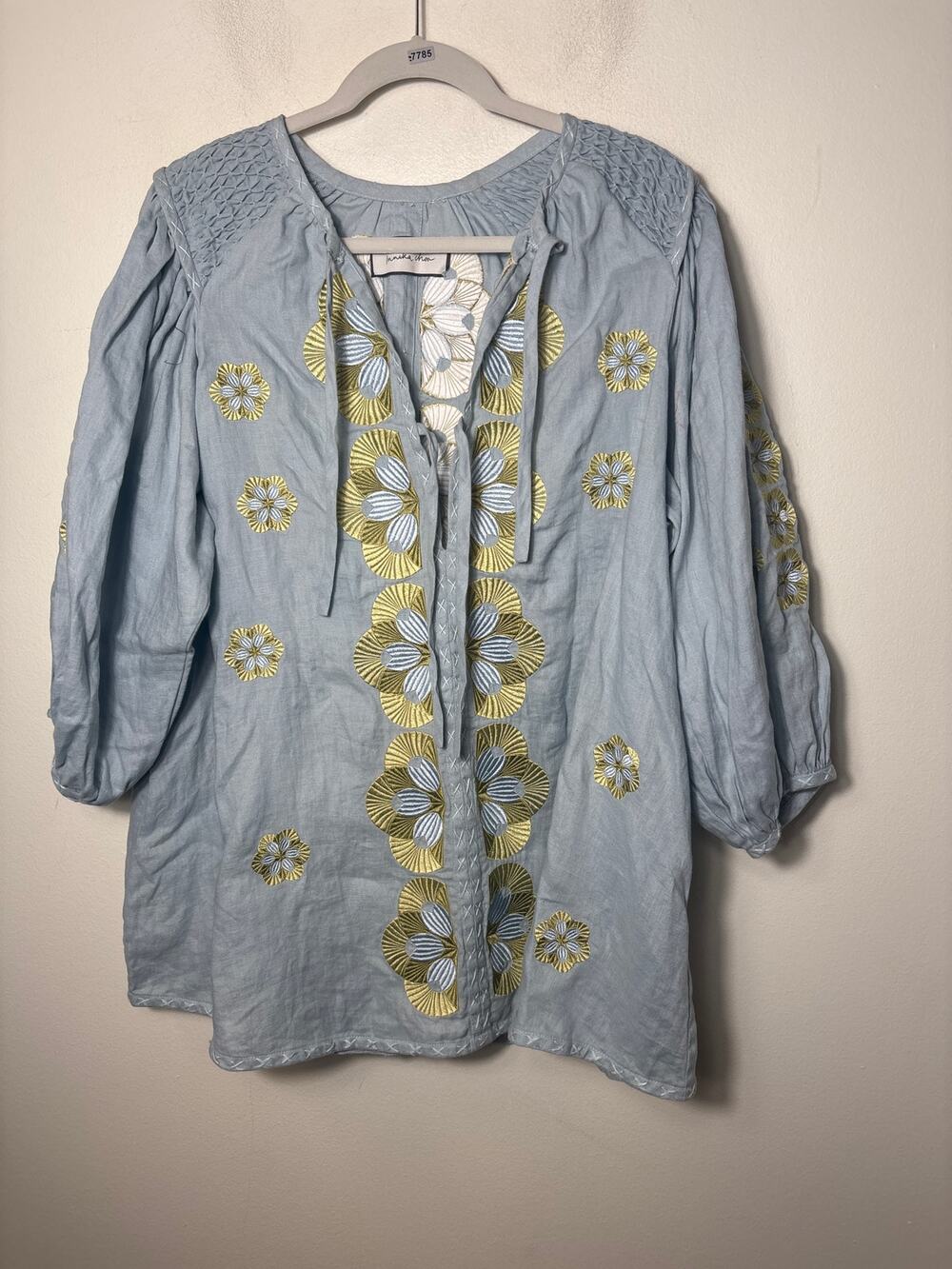 Innika Choo Blue and Green Embroidered Linen Mini Dress Sz One Size
